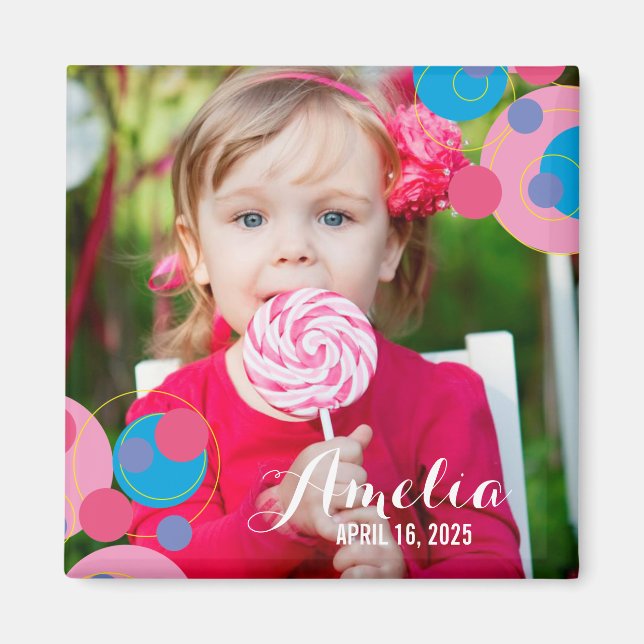 Bubly Rosa & Blue Polka dots Barns födelsedag Phot Magnet (Framsidan)
