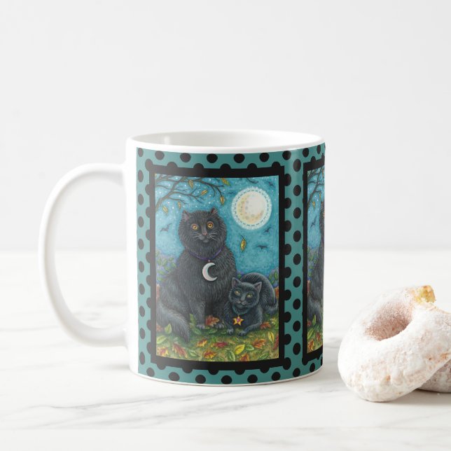 BUBO- OCH PYEWACKET BLACK CAT HALLOWEEN MUGG-punkt Kaffemugg (Med munk)