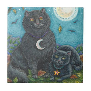 BUBO & PYEWACKET SVARTA KATTER, HALLOWEEN FOLK ART KAKELPLATTA