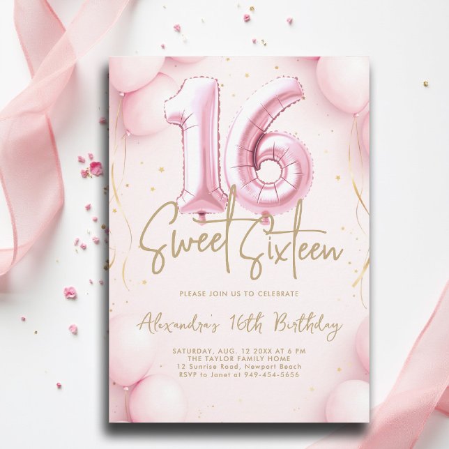 Buboner Girly Rosa Calligraphy Elegant Sweet 16 Inbjudningar (sweet sixteen invitation 16th birthday party pink balloons calligraphy glam feminine girly)