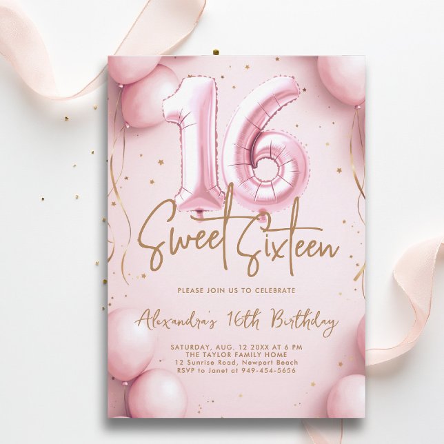 Buboner Rosa Guld Calligraphy Elegant Sweet 16 Inbjudningar (sweet sixteen invitation 16th birthday party pink gold balloons calligraphy glam feminine)
