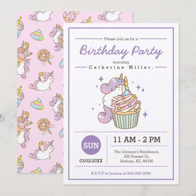 Bubu och Moonch Unicorn Birthday Inbjudningar (Fram/baksida)