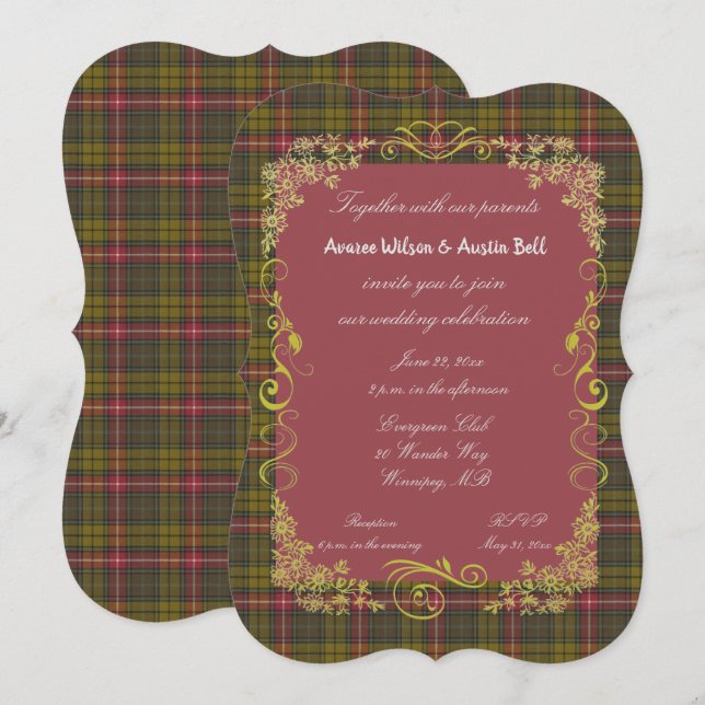 Buchanan Weasted Tartan med Guld Ram Inbjudningar (Fram/baksida)