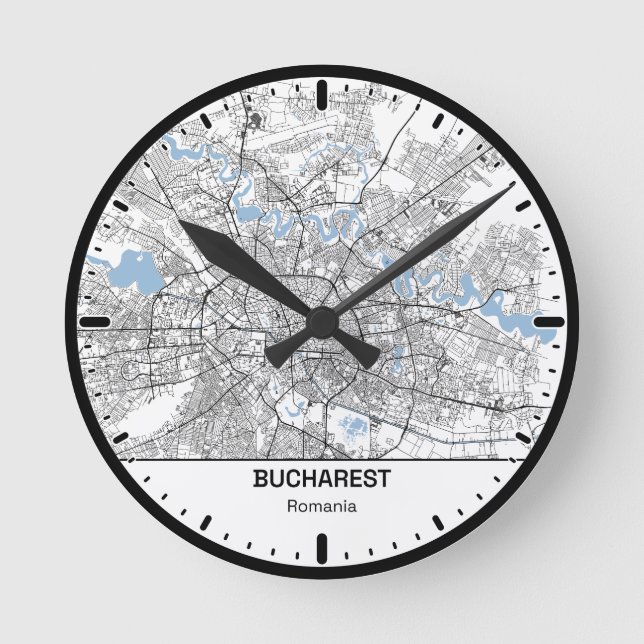 Bucharest Clock City Line Art Rund Klocka (Framsida)