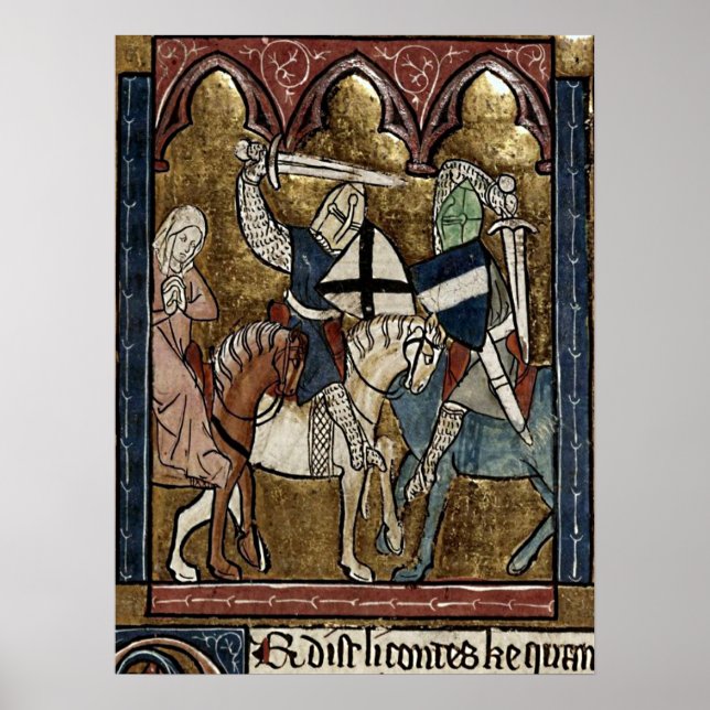 Buchmalerei Mittelalter Ritterschutz von Raubritte Poster (Framsidan)