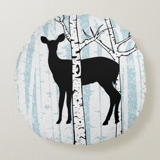 Buck and Doe Hjort Birch Forest Round Pillow Rund Kudde (Framsidan)