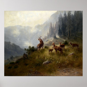 Buck & Doe Hjort Herodes in Forest Landscape Art Poster