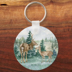 Buck Doe Snö Forest Winter Scene Monogram Nyckelring