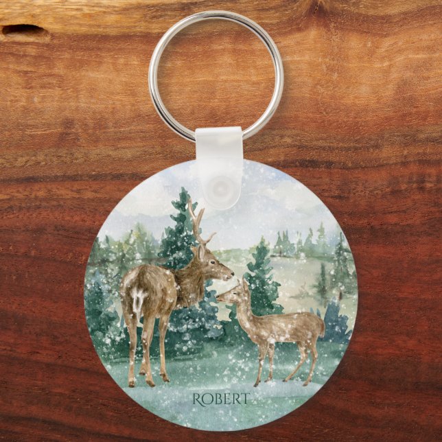 Buck Doe Snö Forest Winter Scene Monogram Nyckelring (Framsida)