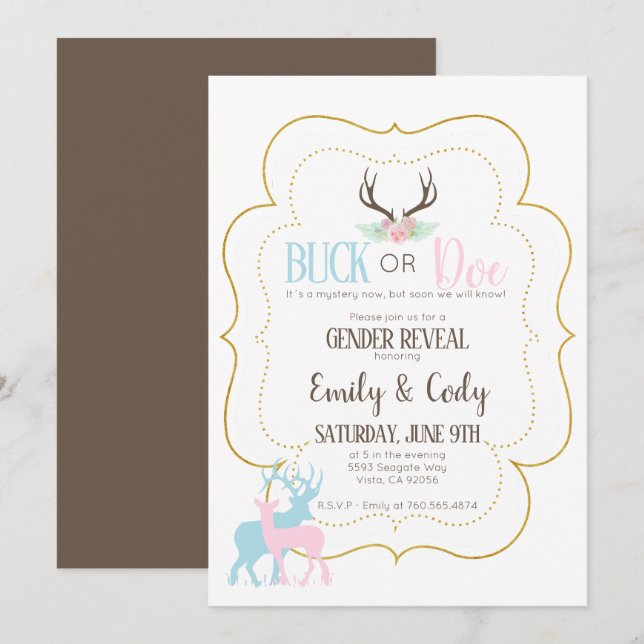 Buck eller Doe Gender Reveal Party Baby Shower Inbjudningar (Fram/baksida)