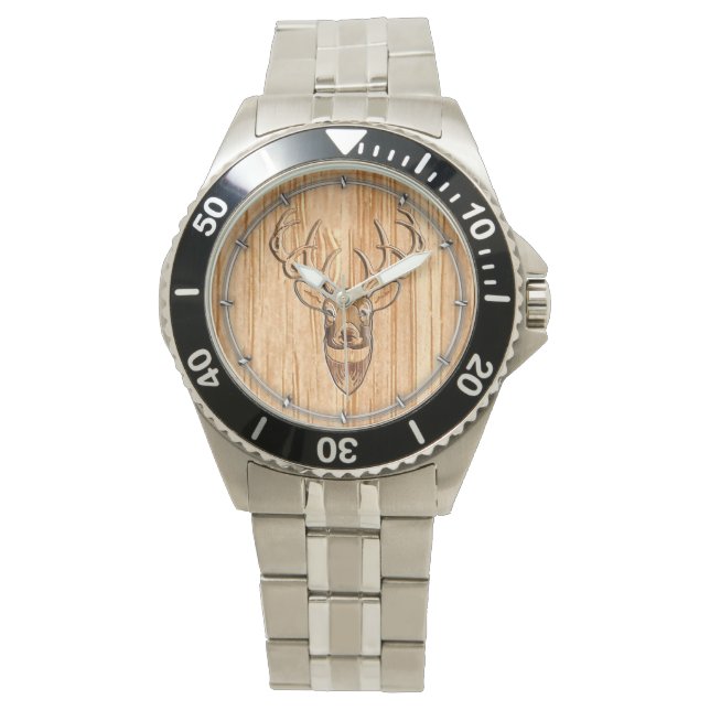 Buck Hjort Head Wood Grain Stil Armbandsur (Framsida)