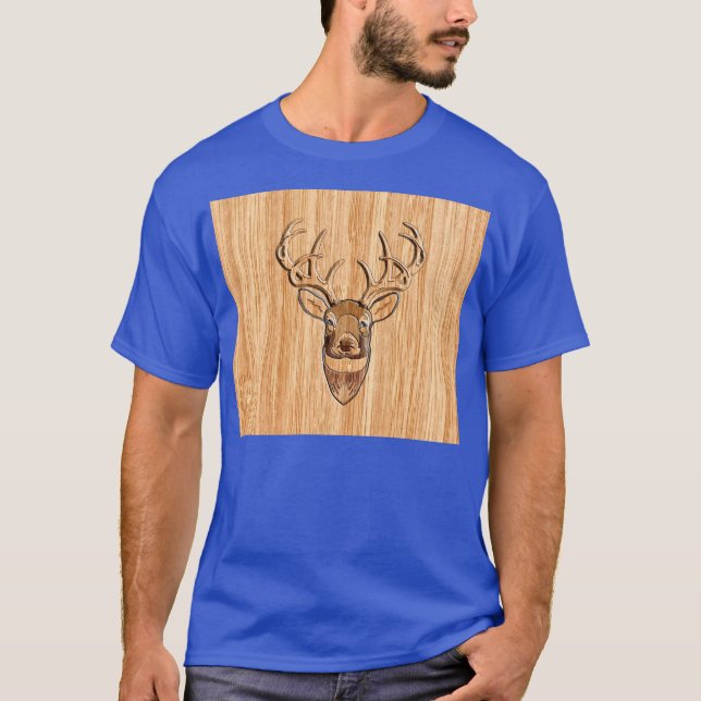 Buck Hjort Head Wood Grain Stil T-shirt (Framsida)