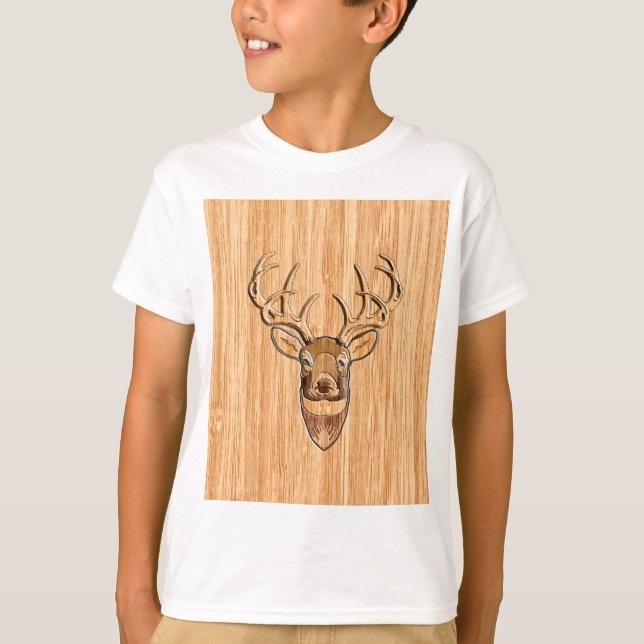 Buck Hjort Head Wood Grain Stil T Shirt (Framsida)