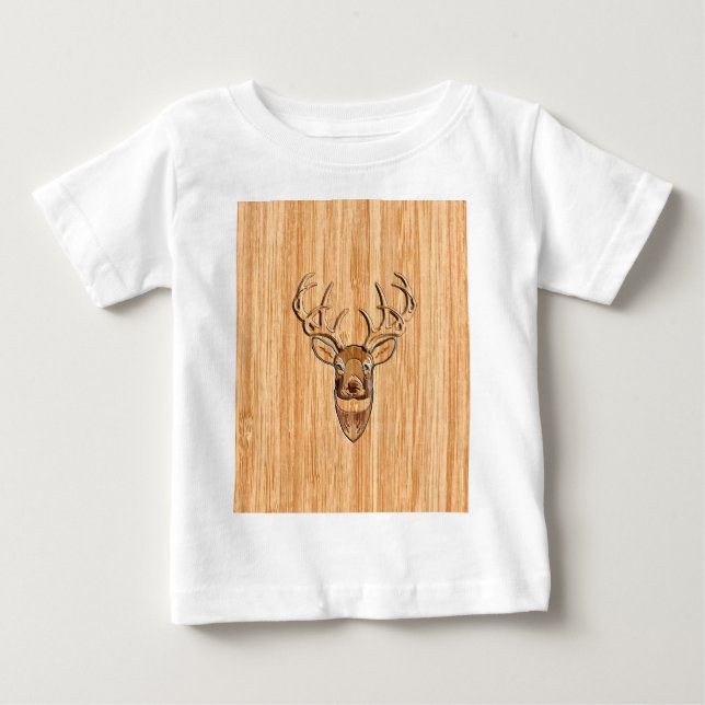 Buck Hjort Head Wood Grain Stil Tee Shirt (Framsida)