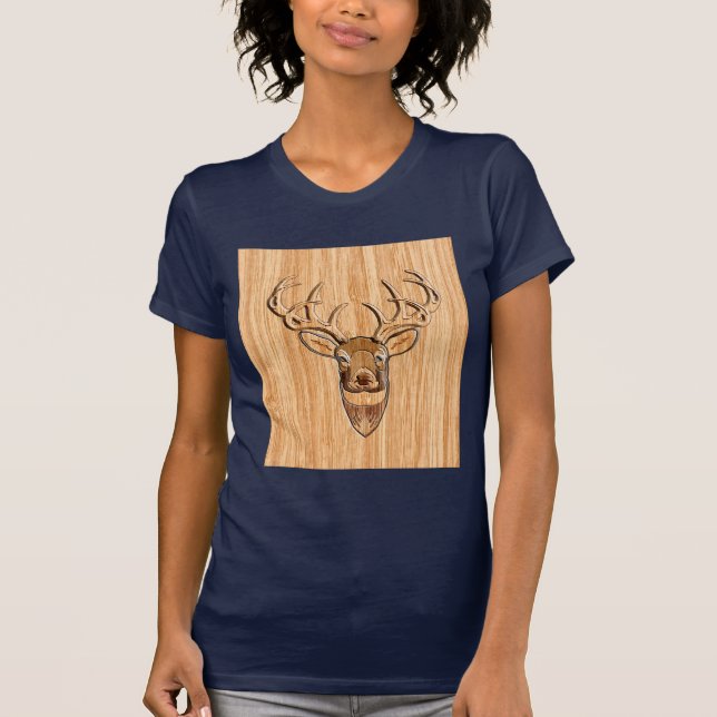 Buck Hjort Head Wood Grain Stil Tee Shirt (Framsida)