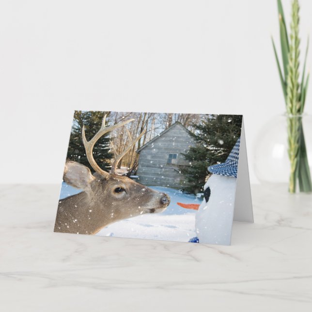 Buck hjort med snögubbe helgkort (Framsida)