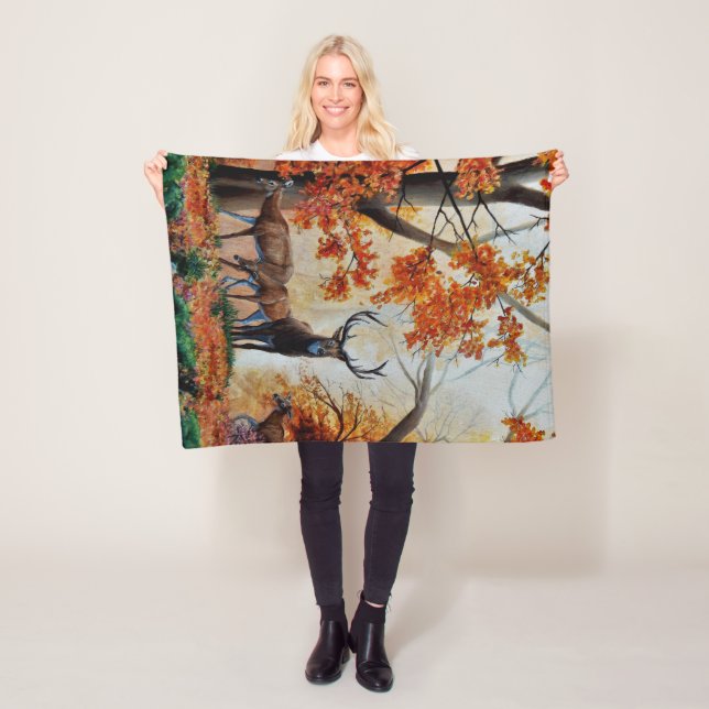 Buck Hjort och doe i Höstskog/finare design Fleecefilt (På plats)