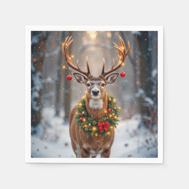 Buck In Snowflakes Wearing a Holiday Wreath Pappersservett (Framsidan)