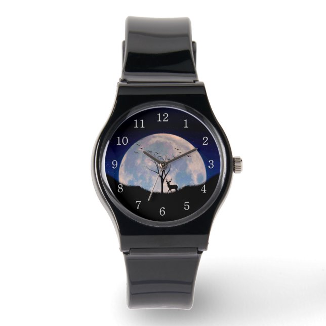 Buck with Big Rack Against Full Moon White Numbers Armbandsur (Framsida)