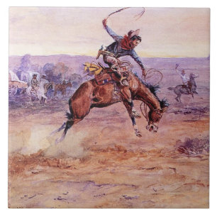 “Buckande Bronco” Cowboy Art av Charles Russell Kakelplatta