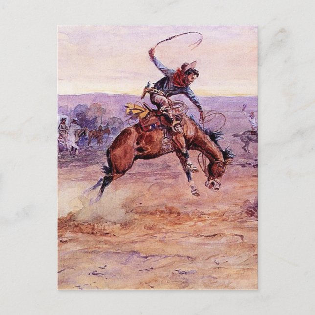 “Buckande Bronco” Cowboy Art av Charles Russell Vykort (Framsida)