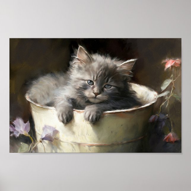 Bucket Fullt of Joy Sweet Grått Kitten Poster (Framsidan)