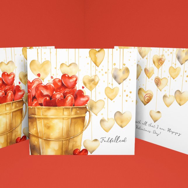Bucket Fullt of Red Hearts and Guld Kärlek Hearts Kort (Bucket full of Valentine's red hearts with gold hearts on a string for love day customizable cards.)