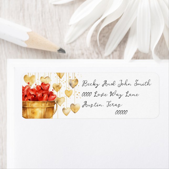 Bucket Fullt of Red Hearts and Guld Kärlek Hearts Returadress Etikett (Insitu)