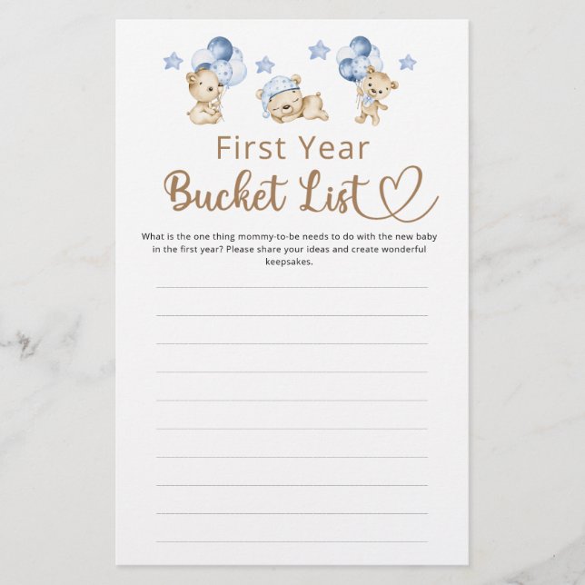 Bucket List First Year Boy Nalle Baby Shower (Framsida)