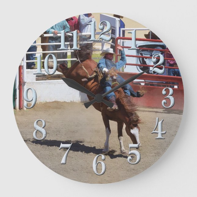 Bucking Bareback Bronco och Rodeo Cowboy Clock Stor Klocka (Framsida)