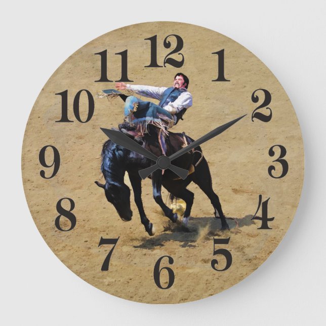 Bucking Bareback Bronco och Rodeo Cowboy Clock Stor Klocka (Framsida)