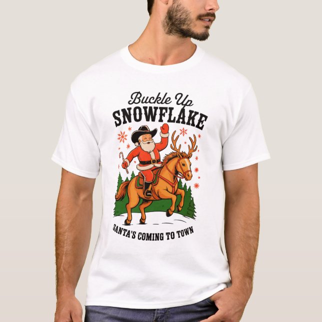 Buckle Up Snowflake Rodeo Cowboyjulen T Shirt (Framsida)