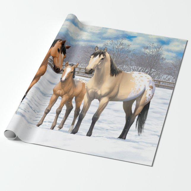 Buckskin Appaloosa-hästar i Snö Presentpapper (Utrullad)