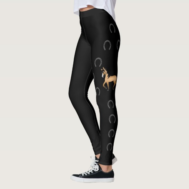 Buckskin Cute Tecknad Trotting Horse & Horseshoes Leggings (Vänster)