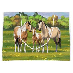 Buckskin Dun Pinto Paint Horses in Summer Pasture