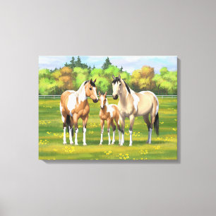 Buckskin Dun Pinto Paint Horses in Summer Pasture Canvastryck