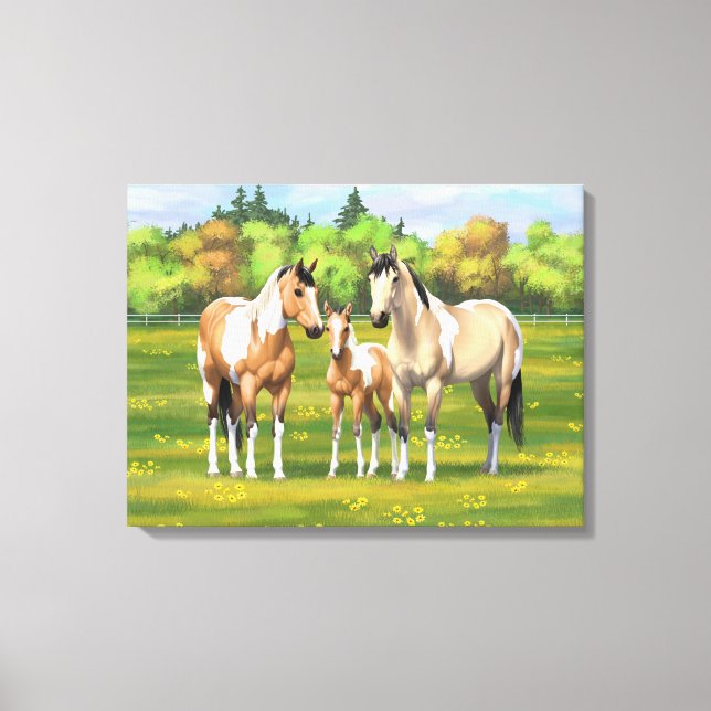 Buckskin Dun Pinto Paint Horses in Summer Pasture Canvastryck (Framsida)