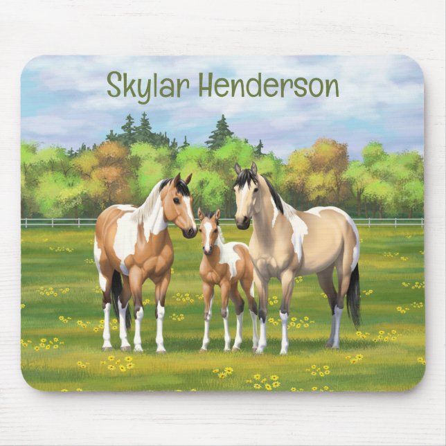 Buckskin Dun Pinto Paint Horses in Summer Pasture Musmatta (Framsidan)