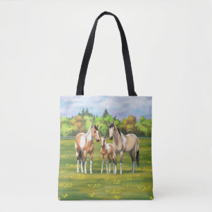 Buckskin Dun Pinto Paint Horses in Summer Pasture Tygkasse