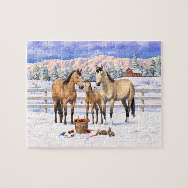 Buckskin Dun Quarter på en gård i Snö Pussel (Horisontell)