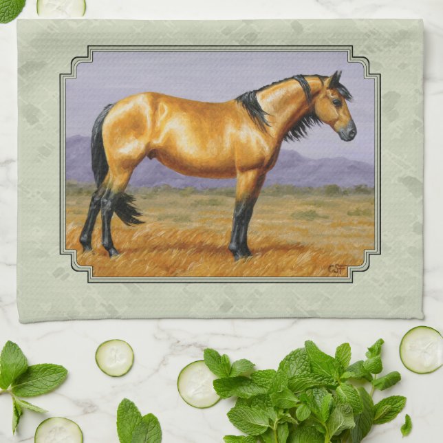 Buckskin Horse Mustang Stallion Sage Grönt Kökshandduk (Vikta)