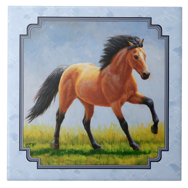 Buckskin Horse Running Light Blue Kakelplatta (Framsidan)