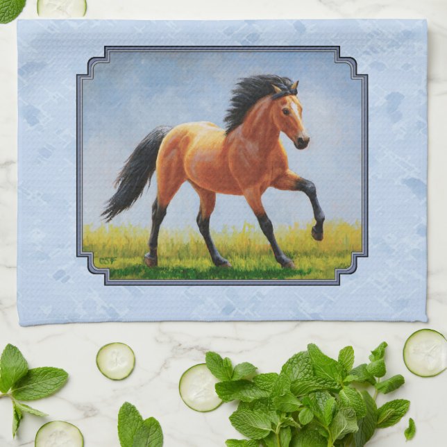 Buckskin Horse Running Light Blue Kökshandduk (Vikta)