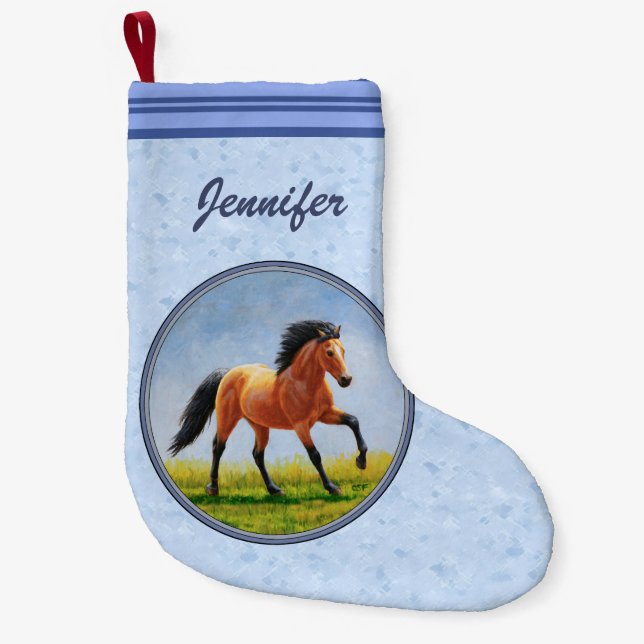 Buckskin Horse Running Light Blue Liten Julstrumpa (Framsidan)