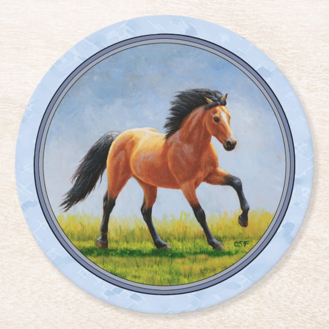 Buckskin Horse Running Light Blue Underlägg Papper Rund (Framsidan)