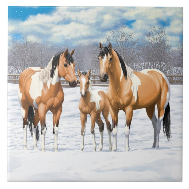 Buckskin Paint Horses i Snö Kakelplatta (Framsidan)