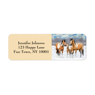 Buckskin Paint Horses i Snö Returadress Etikett