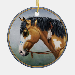 Buckskin Pinto Native American Krig Horse Julgransprydnad Keramik