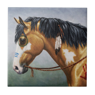 Buckskin Pinto Native American Krig Horse Kakelplatta