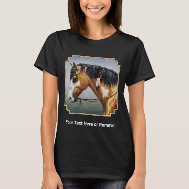 Buckskin Pinto Native American Krig Horse T Shirt (Framsida)
